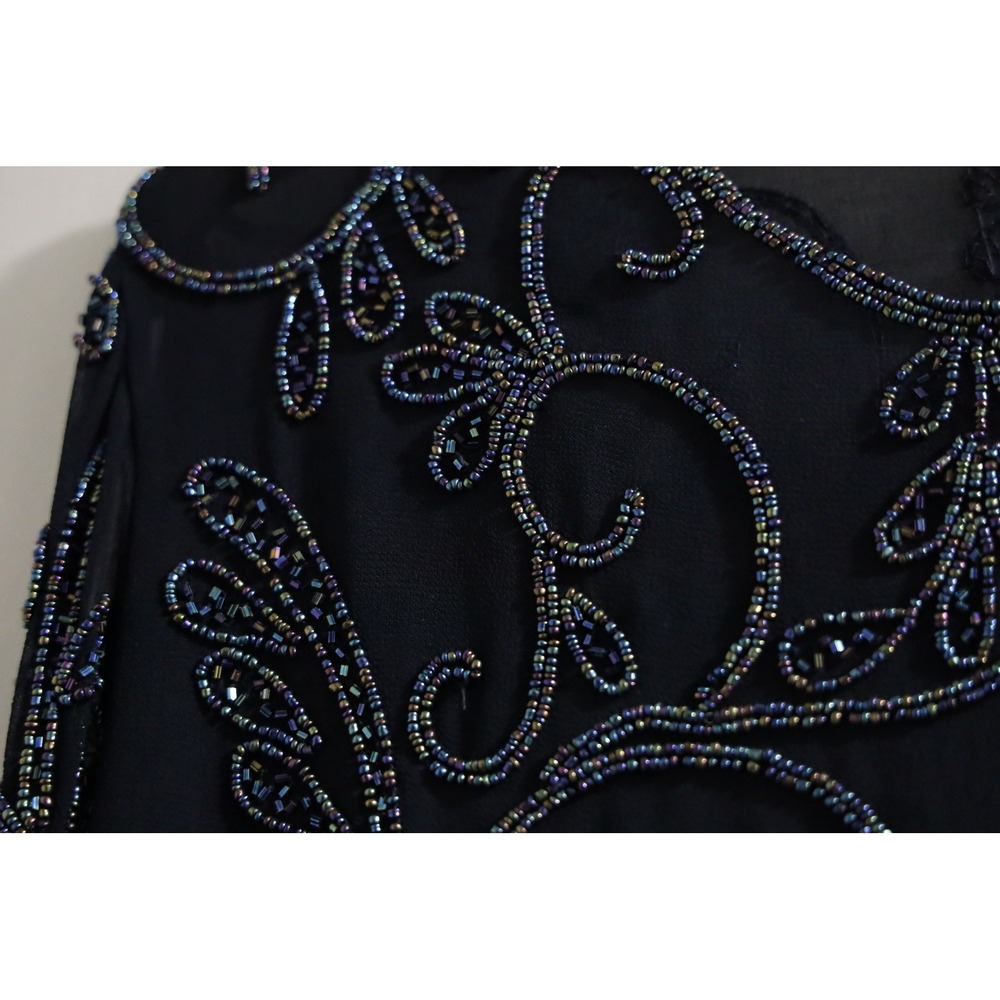 J Kara Navy Blue Beaded Asymmetrical Evening Blouse Petite 18P Iridescent Scroll - Picture 6 of 9